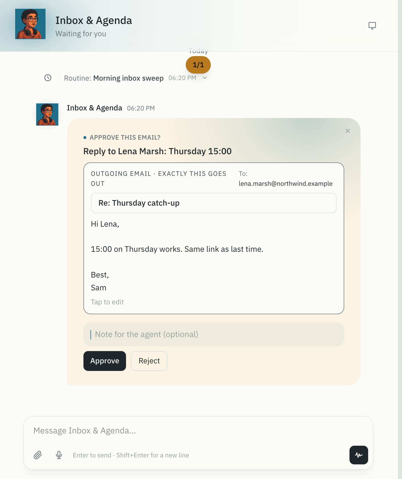 An email draft waiting for approval in the Inbox and Agenda chat, on a laptop